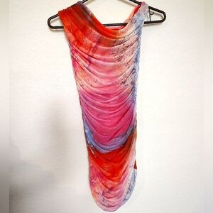 Zara Pink and Orange Watercolor Ruched Dress